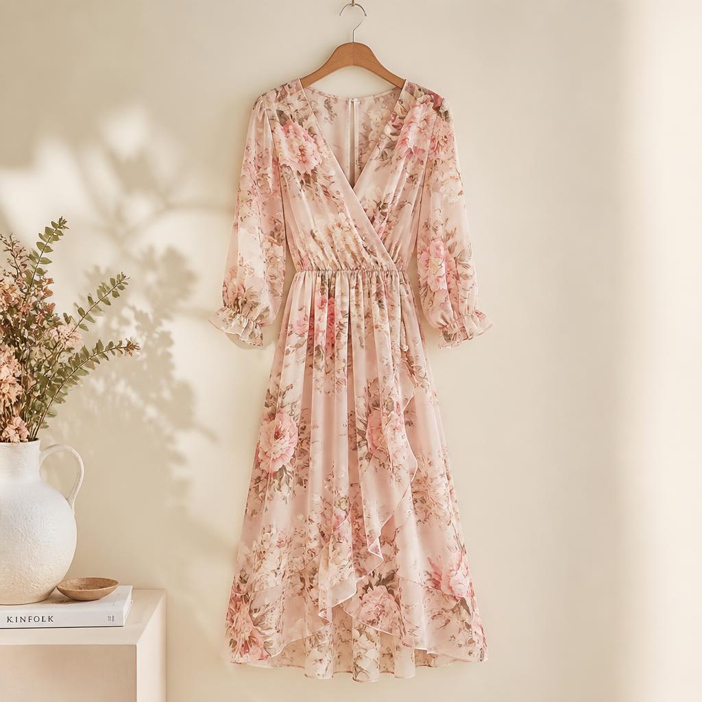 Blush Floral Chiffon Midi Dress